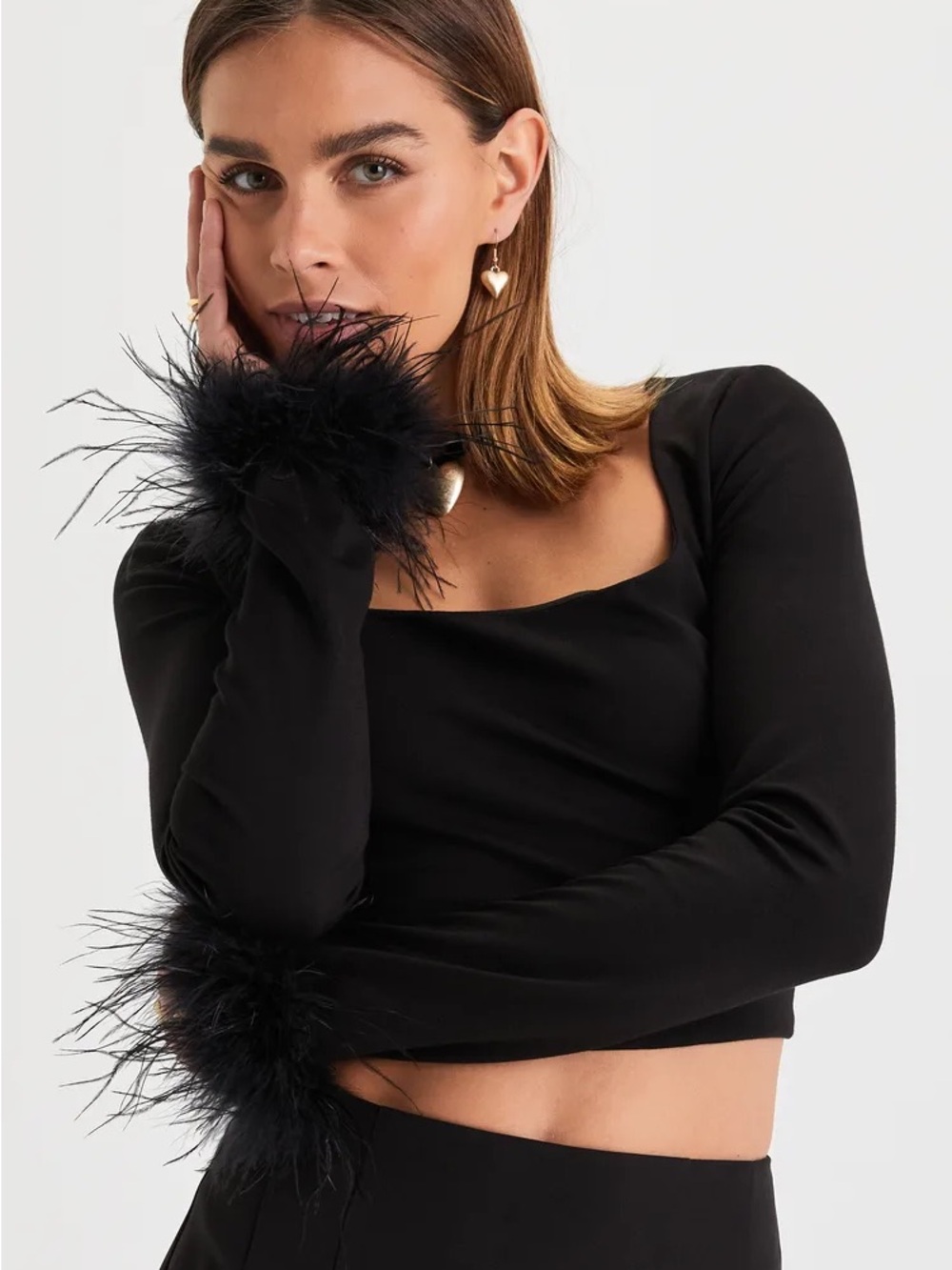 Lulu's Black Long Sleeve Feather Cuff Crop Top